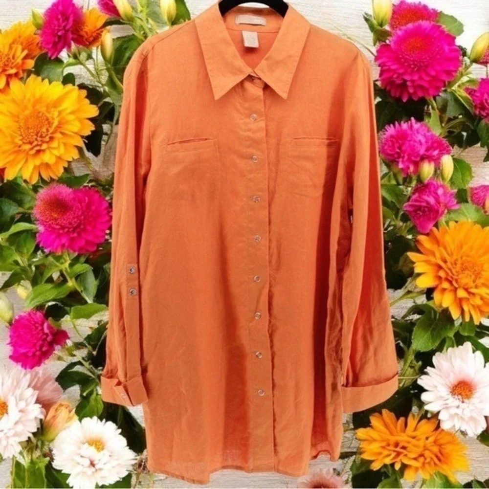 Wear It Orange Button-Up 100% Linen Artsy Lagenlook Summer Size M/L